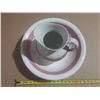 Image 2 : Vintage ironstone wash pitcher and basin set featuring a distinct wide pink band and a classic curve