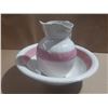 Image 3 : Vintage ironstone wash pitcher and basin set featuring a distinct wide pink band and a classic curve
