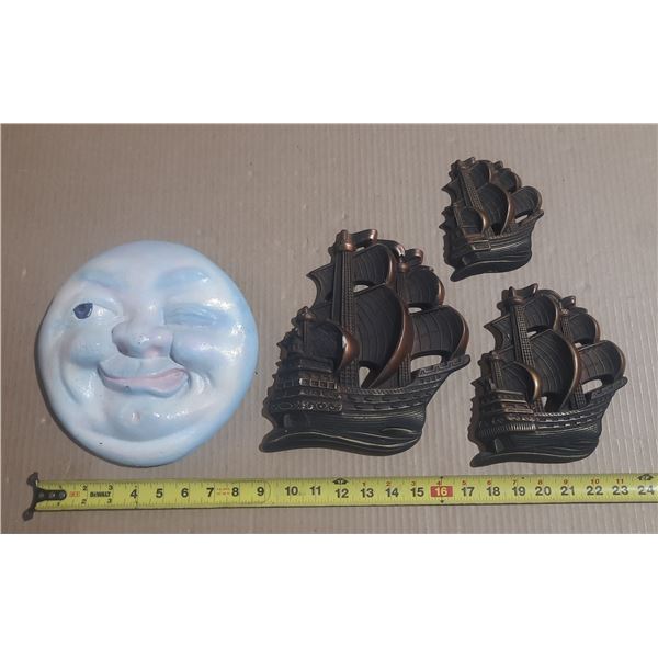 Set of three vintage Miller Studio 1964 Chalkware Galleon Ship Wall Plaques in a bronze/copper finis