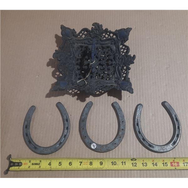 (3) Cast Iron Horse Shoe and Basket.