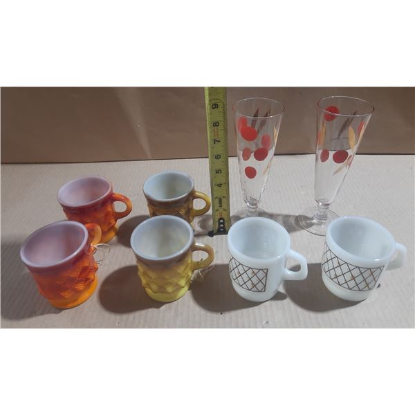 Collection of vintage glassware, including Anchor Hocking Fire-King Kimberly Diamond Pattern Mugs in