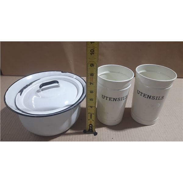 White enamelware pot with a lid and two matching "UTENSILS" holders.