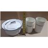 Image 1 : White enamelware pot with a lid and two matching "UTENSILS" holders.