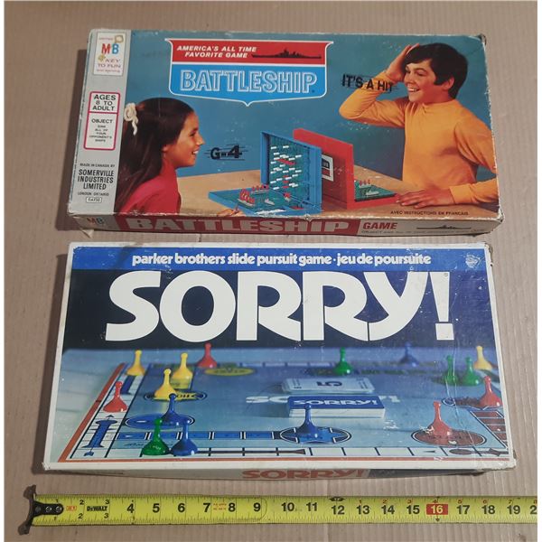 Vintage 1972 edition of the Parker Brothers Sorry! Board Game and a vintage Milton Bradley Battleshi