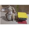 Image 4 : Collection of items including handmade-style plush rabbit doll , a eagle tin toy garage, a Fujimi OA