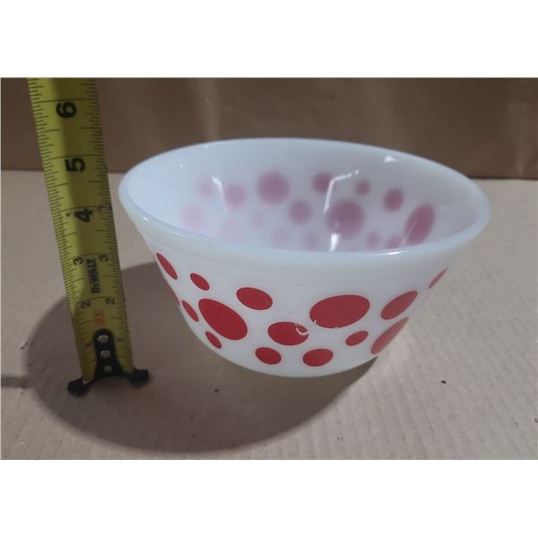 Vintage Federal Glass white milk glass mixing bowl featuring a red polka dot pattern.