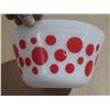 Image 3 : Vintage Federal Glass white milk glass mixing bowl featuring a red polka dot pattern.