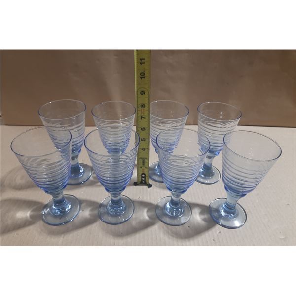 Vintage Libbey Ice Blue Sirrus spiral water goblets, featuring a distinctive ribbed swirl pattern an