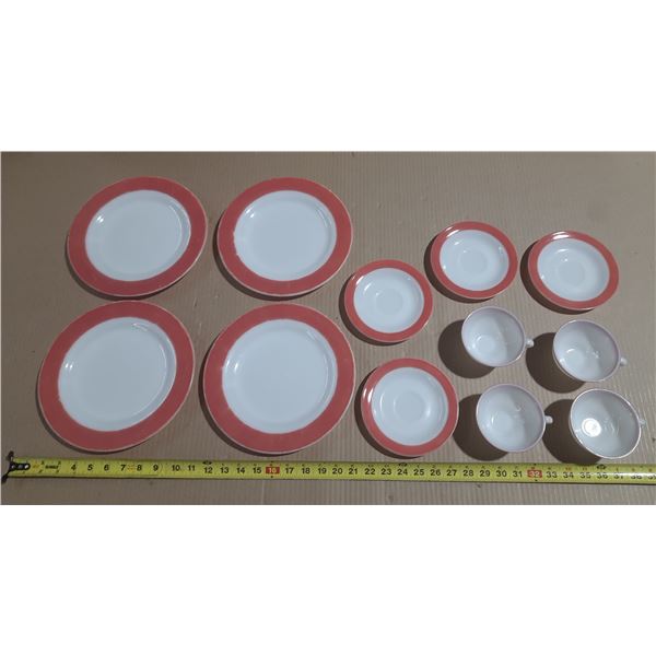 Vintage set of Pyrex Flamingo Pink Banded milk glass restaurant ware dishes manufactured by Corning.