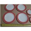 Image 2 : Vintage set of Pyrex Flamingo Pink Banded milk glass restaurant ware dishes manufactured by Corning.
