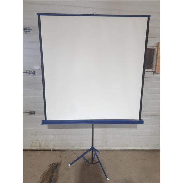 Vintage Da-Lite Flyer portable tripod projector screen with a blue metal housing. (Total Height with