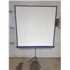 Image 1 : Vintage Da-Lite Flyer portable tripod projector screen with a blue metal housing. (Total Height with