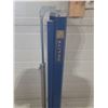 Image 5 : Vintage Da-Lite Flyer portable tripod projector screen with a blue metal housing. (Total Height with