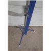 Image 6 : Vintage Da-Lite Flyer portable tripod projector screen with a blue metal housing. (Total Height with