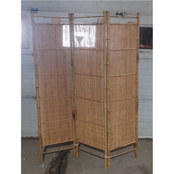 vintage 3-panel folding screen featuring natural woven bamboo slats and an arched structural frame -