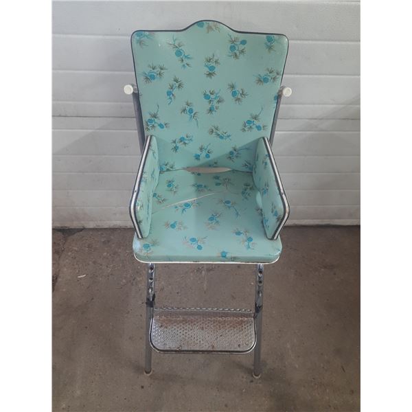 Vintage mid-century modern chrome and vinyl baby high chair. (Height 38") (Seat Cover Minor Damage -