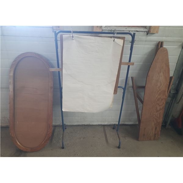 Vintage metal-framed floor stand or display rack with a suspended paper sheet or chart. (Height 53")