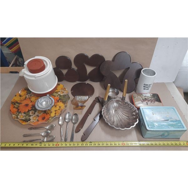 Lot of Misc. Items. (It includes sliver plated spoons, vintage Indiana Glass amber/marigold carnival