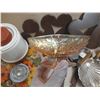 Image 3 : Lot of Misc. Items. (It includes sliver plated spoons, vintage Indiana Glass amber/marigold carnival