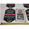 Image 2 : (4) "Private Drive" security signs alongside a retro novelty sign featuring a winking smiley face. (