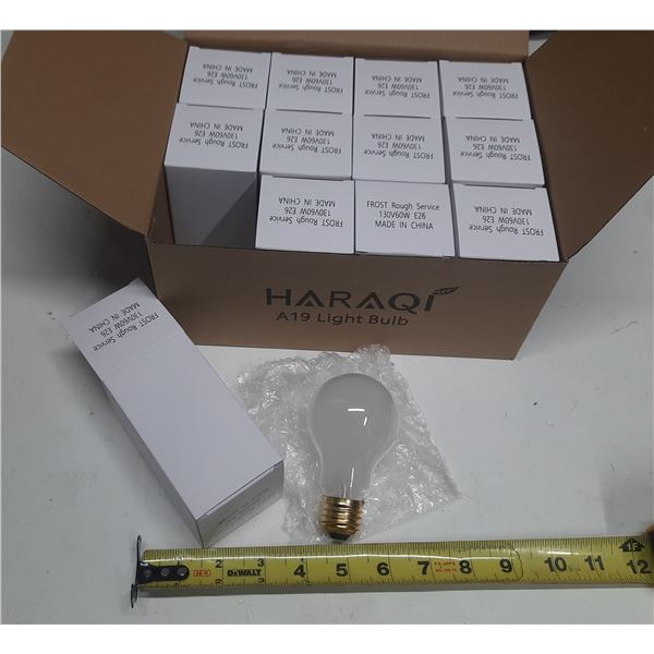 (12) Haraqi A19 130V 60W E26 Frosted Rough Service incandescent light bulbs. (All New)