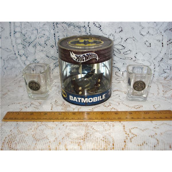 Hotwheels Batmobile and Pair Batman Shot Glasses