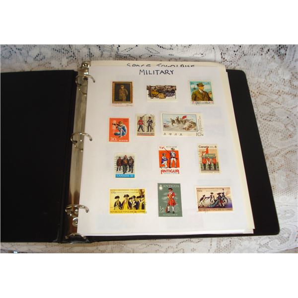 Binder of 20 Pages Of Stamps Arranged By Theme  Military, Sports, Music, Christmas, Animals, Flowers
