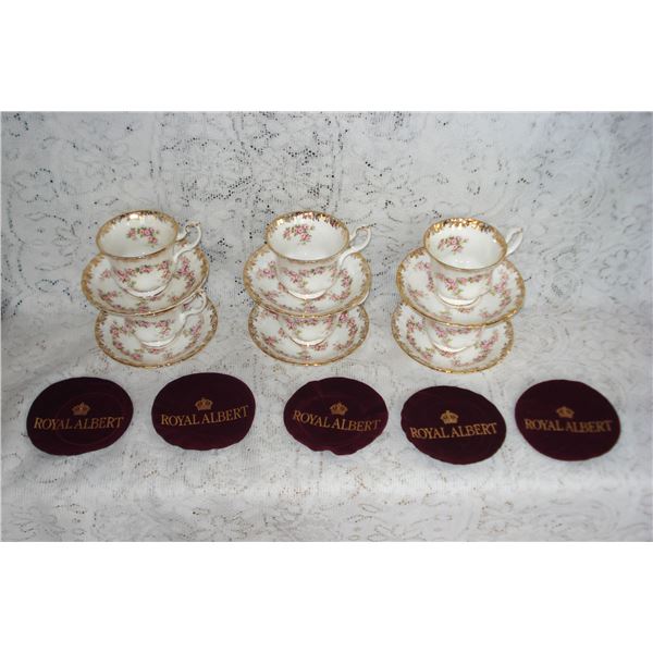 Set of 6 Royal Albert Dimity Rose Teacup Sets And Protectors