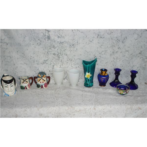MCM Lot  White Creamer And Sugar Set Are 1930's   Cobalt Vase Has Gold Wear On Reverse See Pic