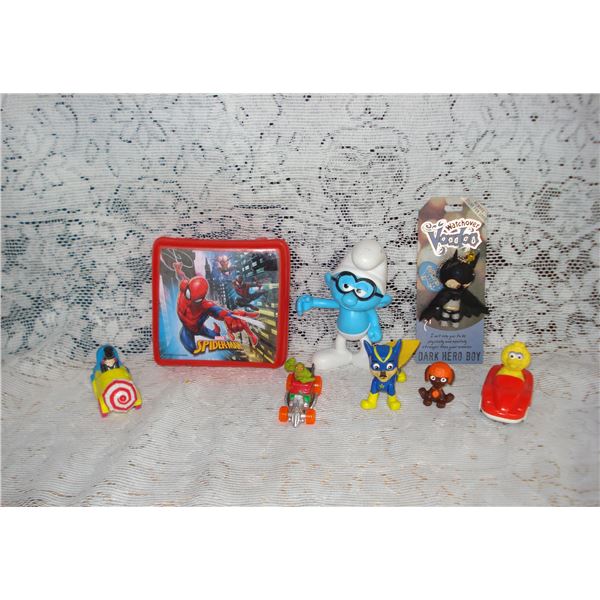 Assorted Character Collectibles  Smurf  Penguin  Spiderman Case etc