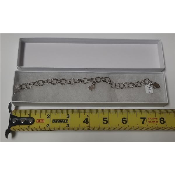 Sterling silver charm bracelet, 7” with maple leaf charm