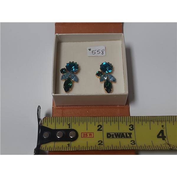 Blue and green rhinestone clip earrings, marked Made in Austria