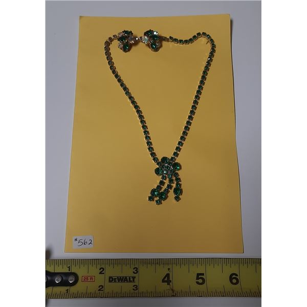 Green rhinestone necklace, clip earrings