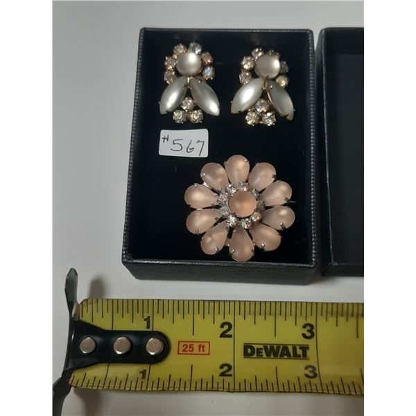 Vintage pink broach and clip earrings