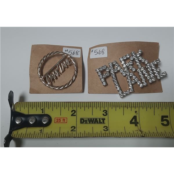 PARKLANE sales rep broaches, one rhinestone, one gold tone