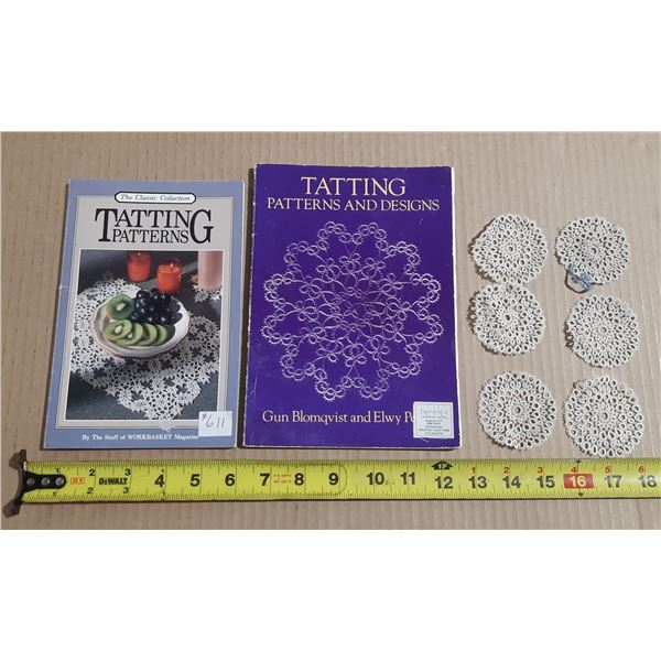 Tatting pattern books and 6 tatted coasters