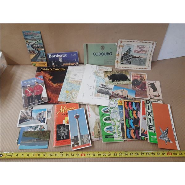 Lot of vintage maps, travel brochures, postcards