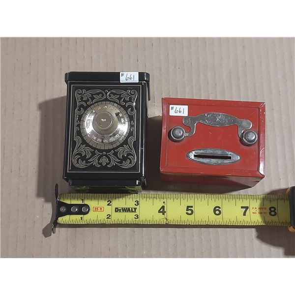 Mini banks, tin, Avon Made in England, red cashbox made in USA
