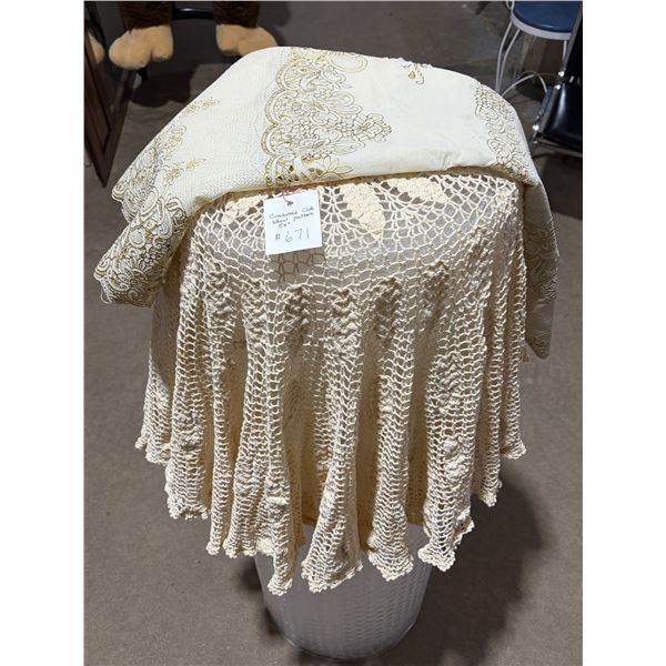Round tablecloths, plastic with gold trim 66”, Crocheted, Wheat pattern, 54”