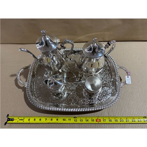 Silver plate Coffee and Tea Service, cream and sugar, tray