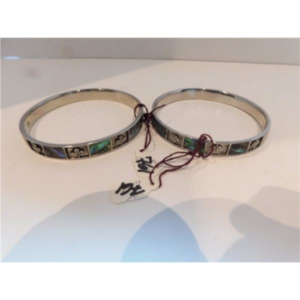 2-VINTAGE SIGNED M BANGLE BRACELETS ABALONE SHELL INLAY SILVERTONE