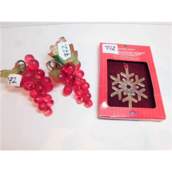 SNOWFLAKE CHRISTMAS ORNAMENT, AND LUCITE BEADED GRAPE ORNAMENTS