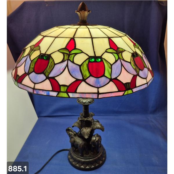 RARE heavy metal-based stained glass table lamp with elephants on base