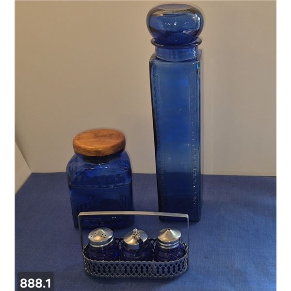 Group of 3 cobalt blue MCM kitchen items, spaghetti, s & p, etc