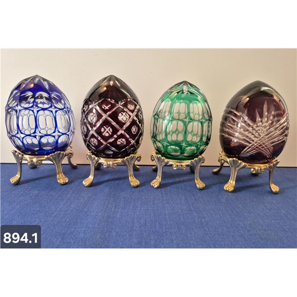 Group of 4 Bohemian crystal cut-glass eggs w/24k gold-plated stand