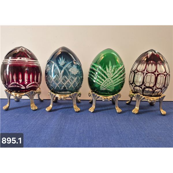 Group of 4 Bohemian crystal cut-glass eggs w/24k gold-plated stand