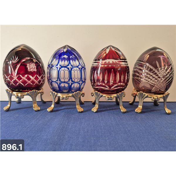 Group of 4 Bohemian crystal cut-glass eggs w/24k gold-plated stand