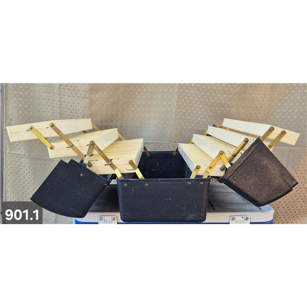 Large vintage fishing tackle box, brass closures, some contents, needs a cleaning, lots of trays