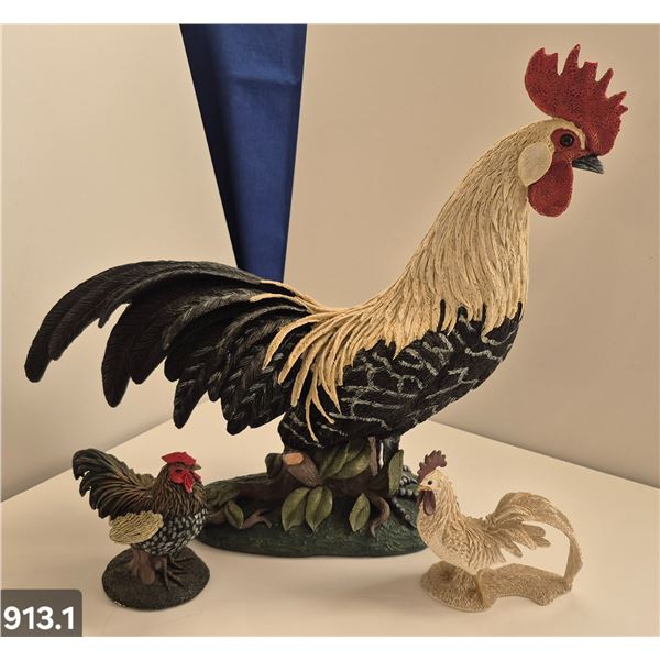 Large 14x17 inch rooster & 2 smaller roosters, heavy composite material