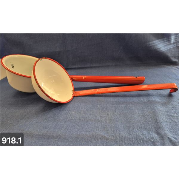Pair of red & white enamelware dippers (ladles)